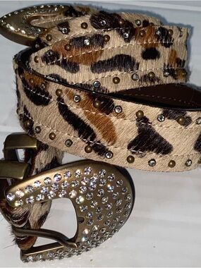 Vtg Fabrizio Mancini Italian Cowhide Leather Rhinestone Leopard Print Belt